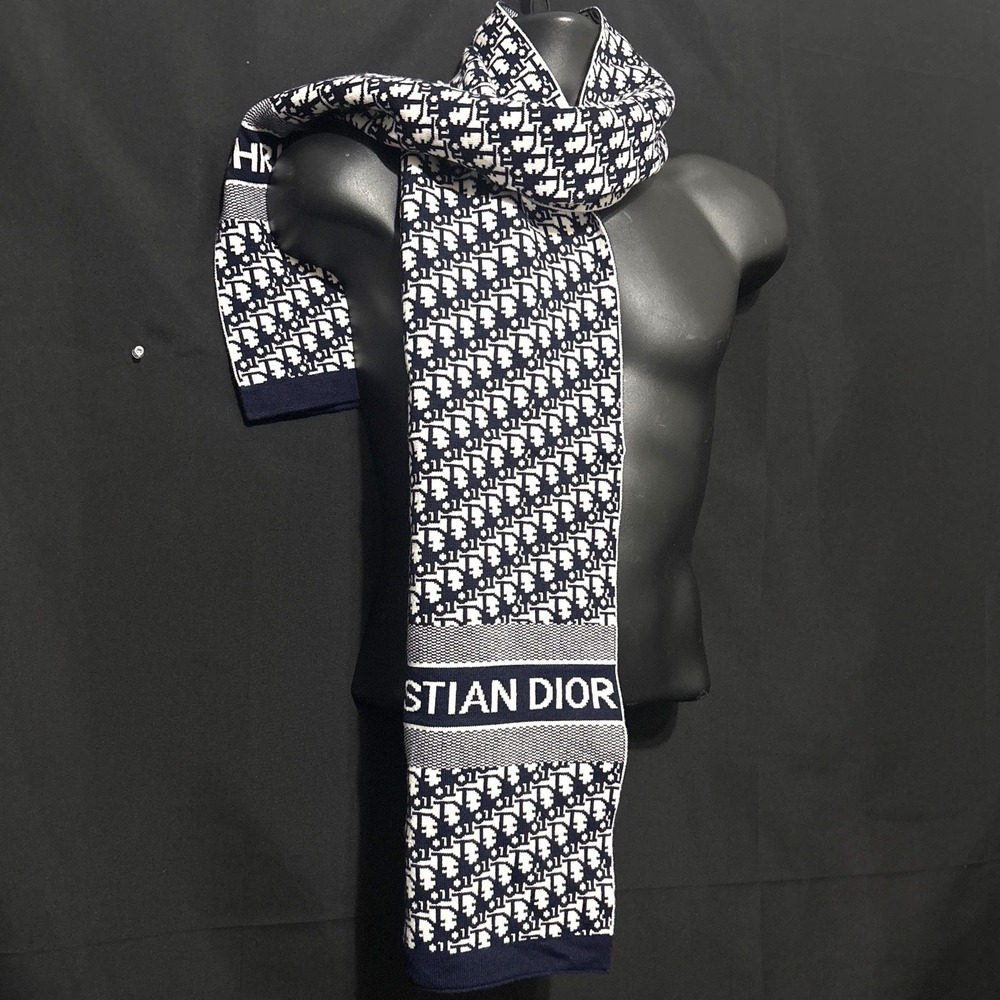 Christian Dior Scarf OS Navy Blue Luxury Oblique Monogram Logo Knit Designer